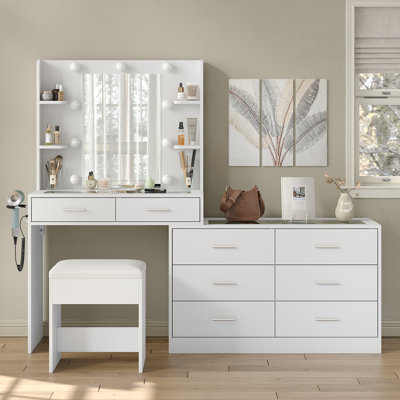 Dressing Table with LED Mirror, 8 Drawers and 4 Shelves, Glass Top, Power Outlet, Stool