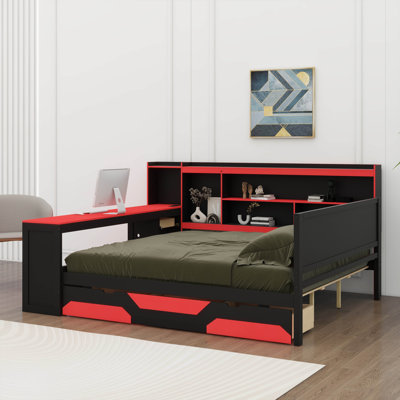 Contemporary Daybed For Gaming Enthusiasts, Includes Integrated Desk And Lighting, 3-Part Wooden Bed Frame With Bookshelf