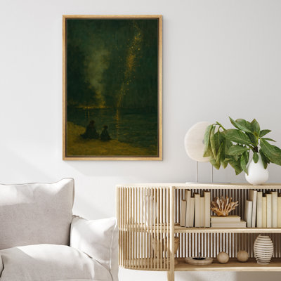 «Nighttime Fireworks by the Water with Two Chiffres», reproduction d'art sur toile encadrée
