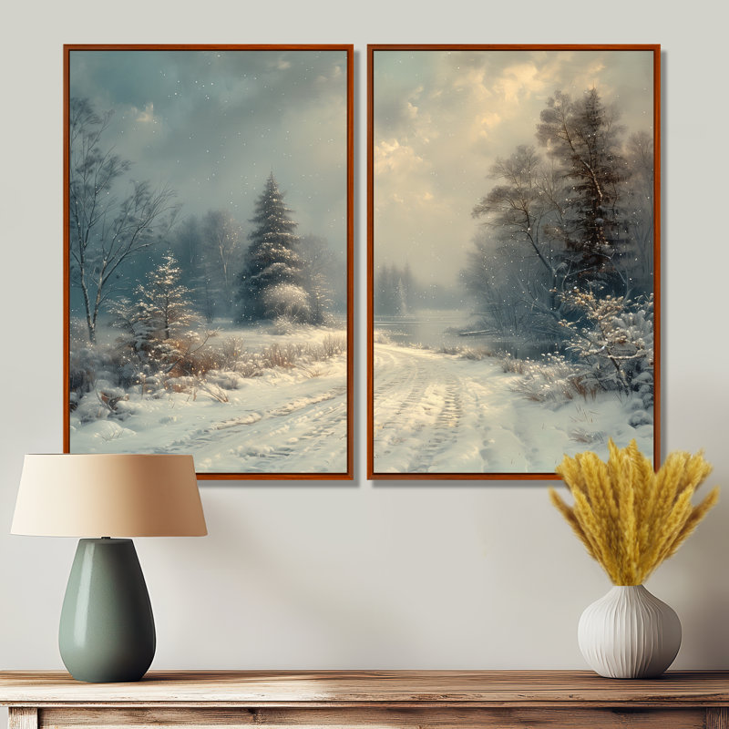 White Grey Winter Road Into Forest III - Winter Landscape Canvas Prints 2 Pieces, Brown, 36" H x 48" W