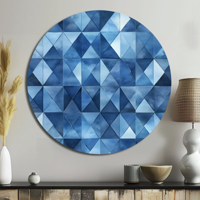 Triangular Grid In Cool Blues - Art mural rond géométrique abstrait en métal