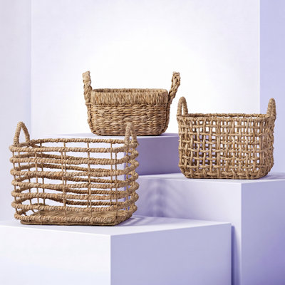 Hand-Woven Natural Cattail Wicker Rectangular Storage Basket with Handles