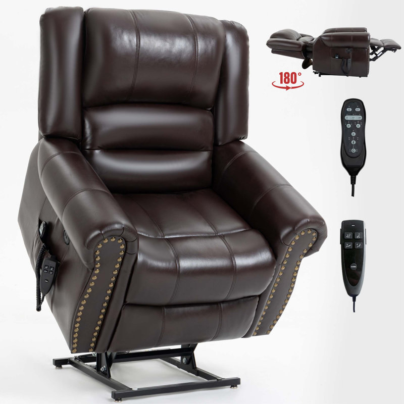 Dual Motor Infinite Position Heat Massage Power Lift Recliner Chair with USB Ports, Antique Brown Faux Leather