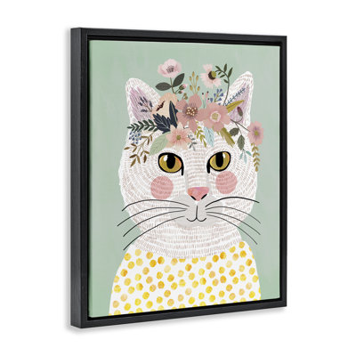 Chat blanc ludique avec cadre flottant fleurs, design par Mia Charro
