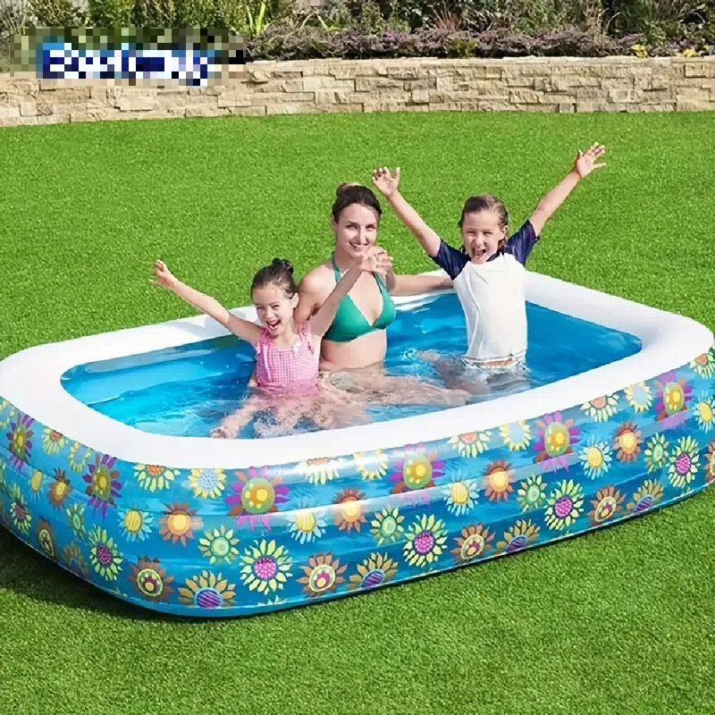Inflatable Pool - Rectangular 4-6 Person Summer Pool For Backyard, Garden & Water Parties, Durable 2-Layer Design With Vibrant Floral Pattern, No Pump Needed, Pool Float