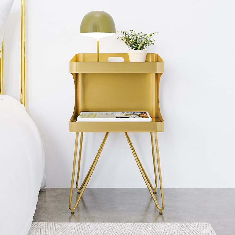 Modern Gold Metal Open Nightstand with 2 Shelves, Industrial Bedside Table with Non-Slip Feet for Bedroom & Living Room