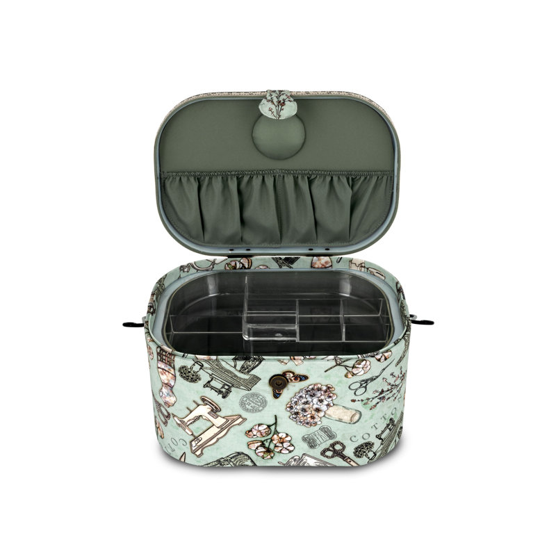 Grand panier à couture ovale avec poignée en métal Dritz, imprimé de couture vert rétro