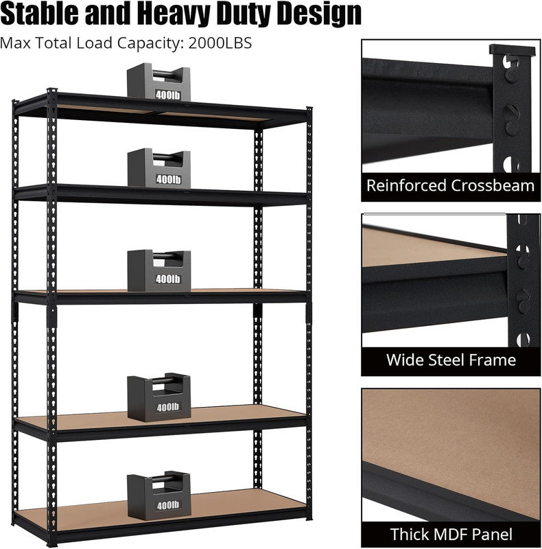 Étagère de garage robuste à 5 niveaux, étagères de rangement réglables en métal avec bord roulé, H 72 po x l 48 po x P 24 po