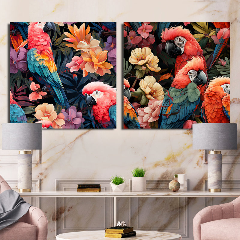 Parrot Haven - motif tropical - ensemble de 2 collages carrés tropicaux, H 30 po x l 61 po, Toile tendue