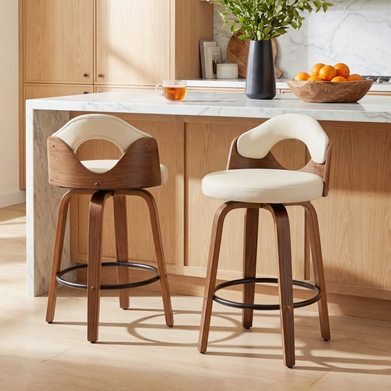 Leona Wooden Faux Leather Stools, Counter Stool (25.2” Seat Height), Beige