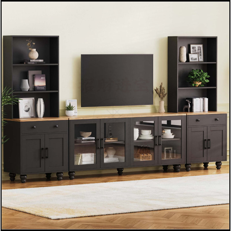 Meuble télé avec pieds en bois massif en forme de gourde pour téléviseur de 70 po ou moins, Noir, noir, noir, noir