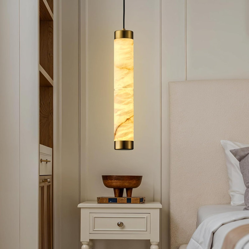 Modern 1- Light Alabaster Pendant Lights Kitchen Island, Black Cylinder Cylinder Marble Long Pendant Light, Brass
