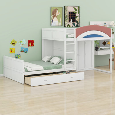 Offset Bunk Bed with Drawers, Wardrobe and Built-in Clothes Hanging Rod
