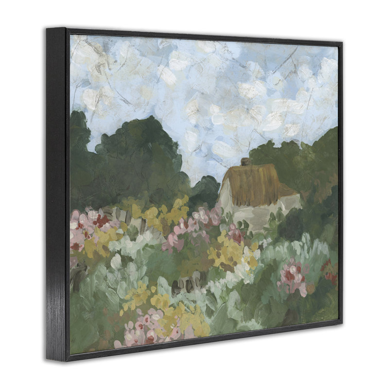 Art giclée Cotswold Cottage View, design par June Erica Vess, H 11 po x l 14 po, Giclée encadrée noir minuit