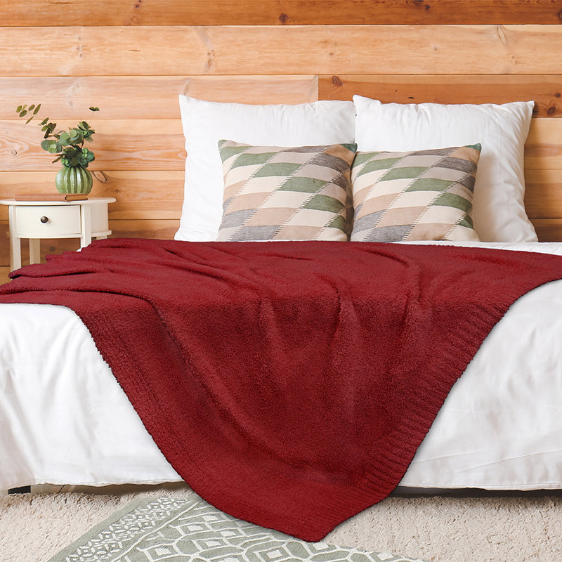 Deep Red Plush Knit Reversible Throw Blanket