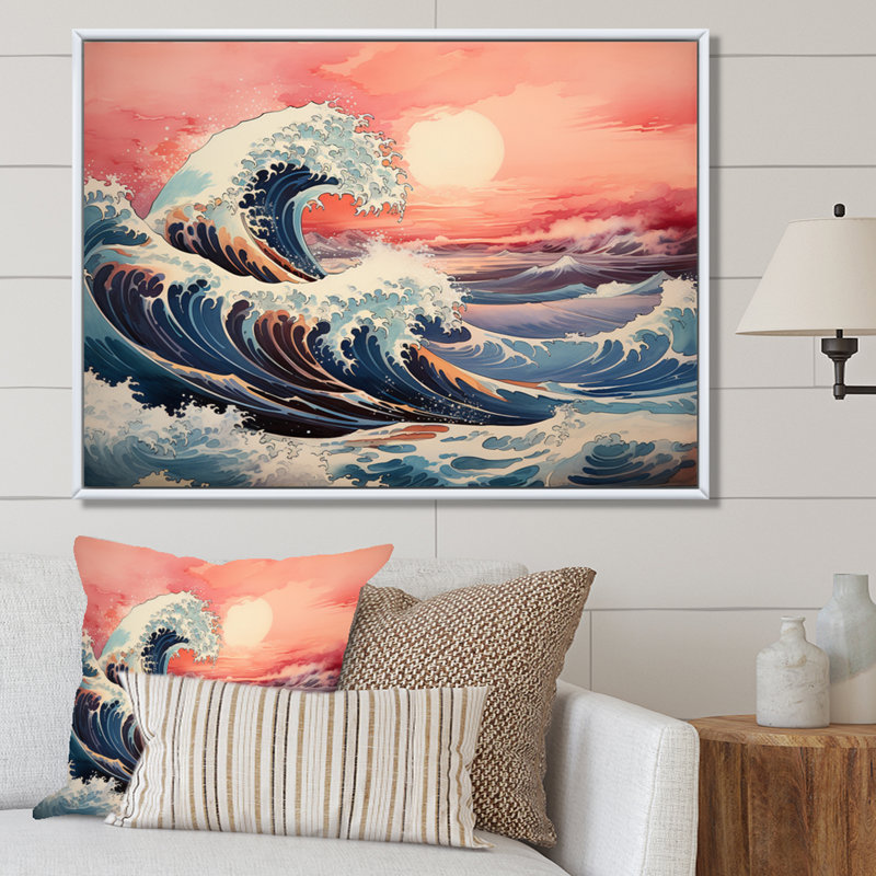 Impression sur toile, chef-d'œuvre rose «The Great Wave Of Kanagawa I», H 24 po x l 32 po x P 1 po, Cadre flottant blanc