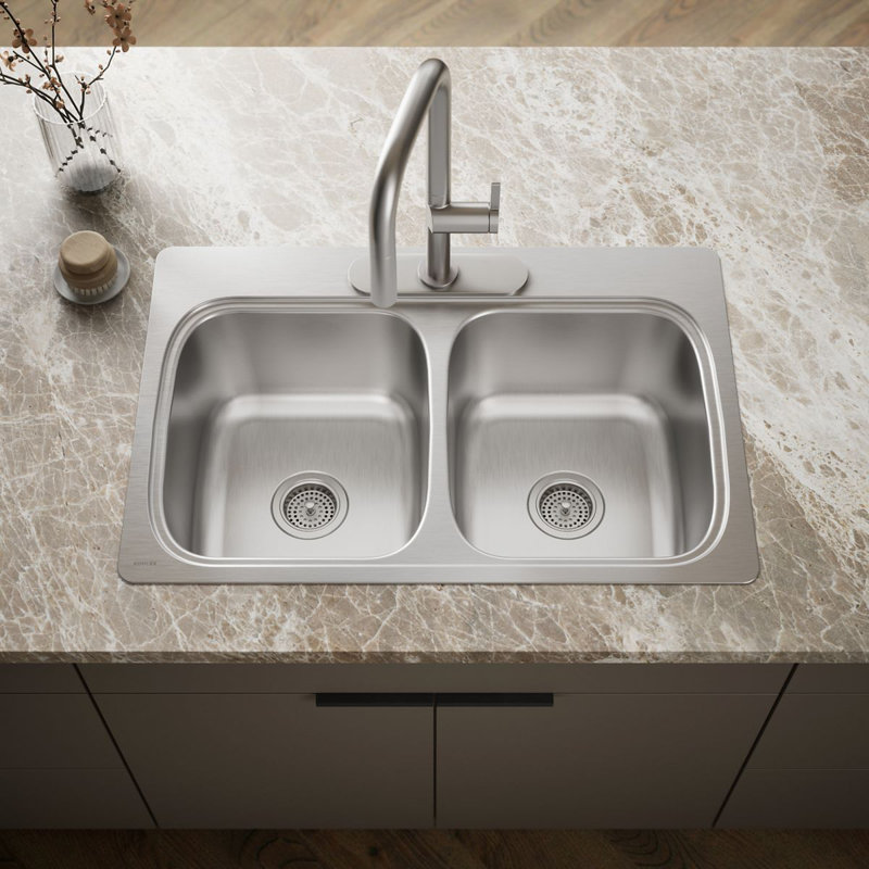 Verse Top-Mount Double-Equal Bowl Kitchen Sink with Single Faucet Hole, 3 Hole