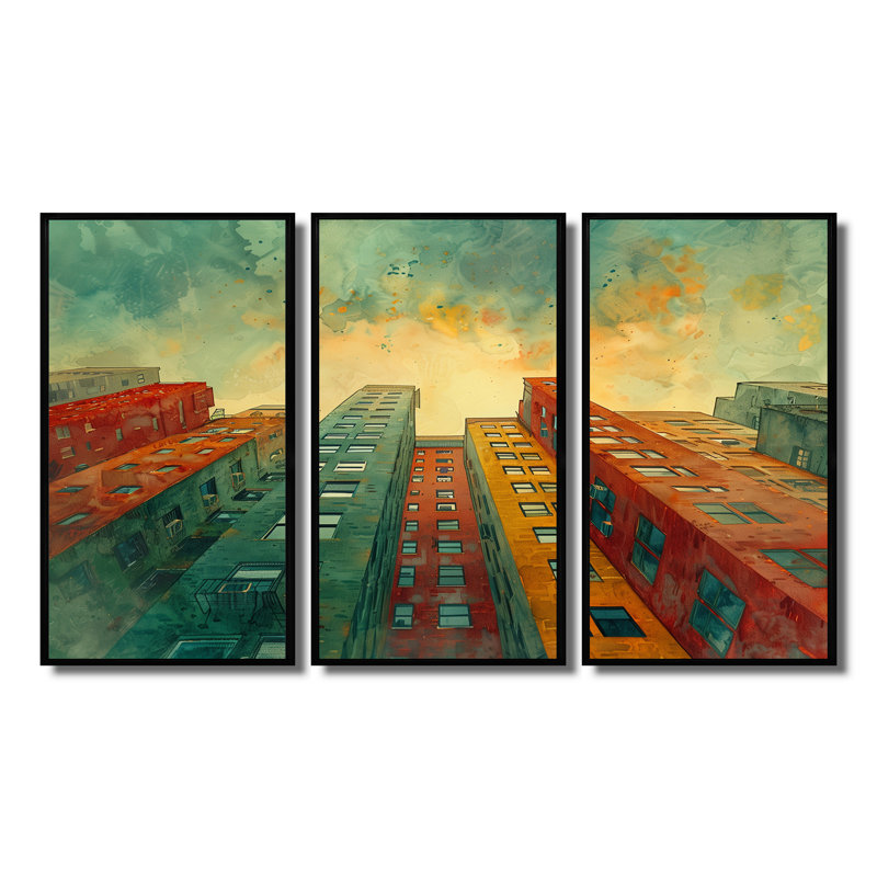 Vert, rouge, urbain, rétro, gratte-ciel II, ensemble d'art mural gratte-ciel, H 28 po x l 36 po x P 1 po