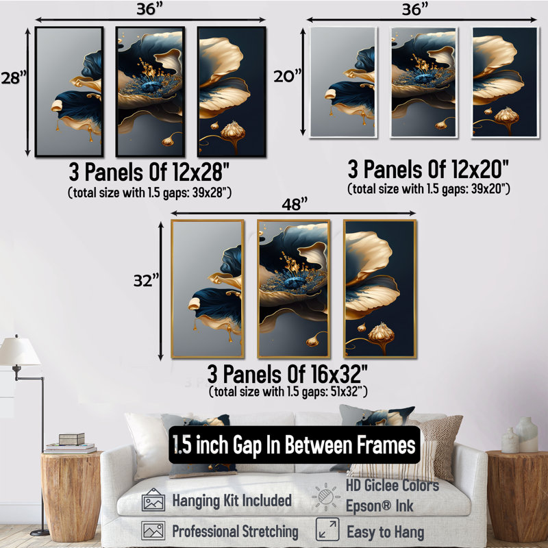 Bleu profond et fleur simple II - imprimé 3 pièces, Cadre flottant, H 28 po x l 36 po, Noir