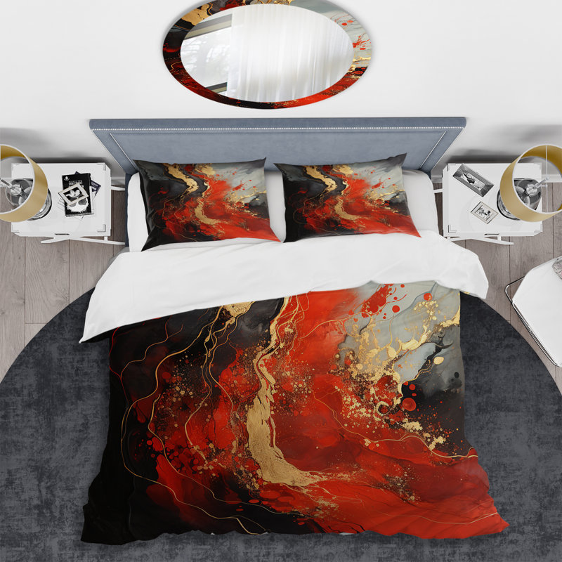 Volcano en marbre rouge et doré - ensemble de housse de couette peinture abstraite