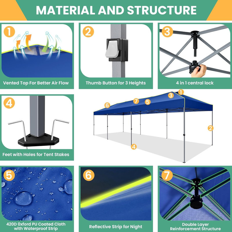 10'Wx30'D Pop Up Canopy, One Push Setup Glow Party Tent, Dark Blue