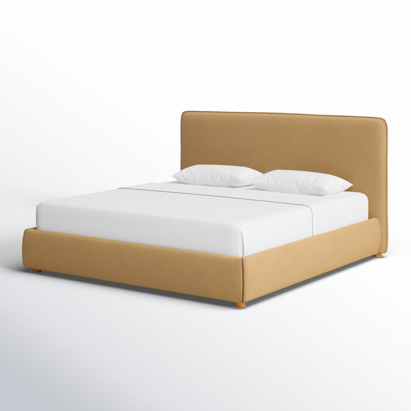 King Light Brown Velvet Upholstered Bed with Wood Frame