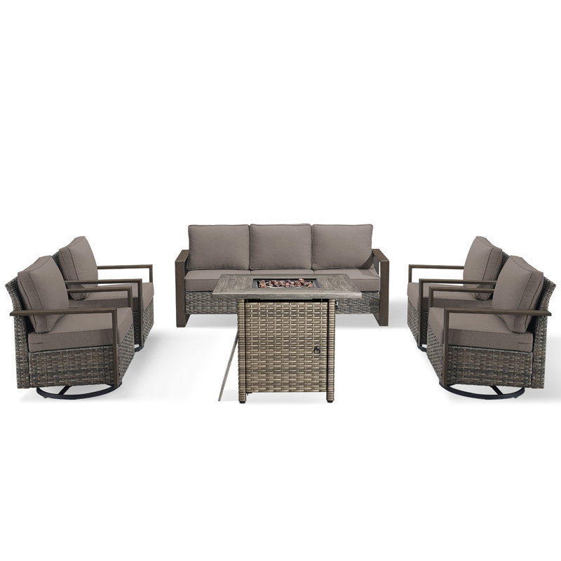 Palomares 6-Piece All Weather Outdoor Wicker Patio Square Fire Pit Conversation Set With 4 Swivel Gliders, Gray, Gray