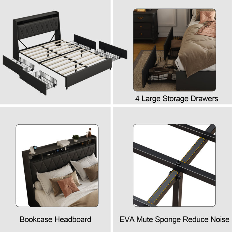 Base de lit plateforme double avec tête de lit ergonomique, ports de chargement USB et tablette de rangement - noir, Noir