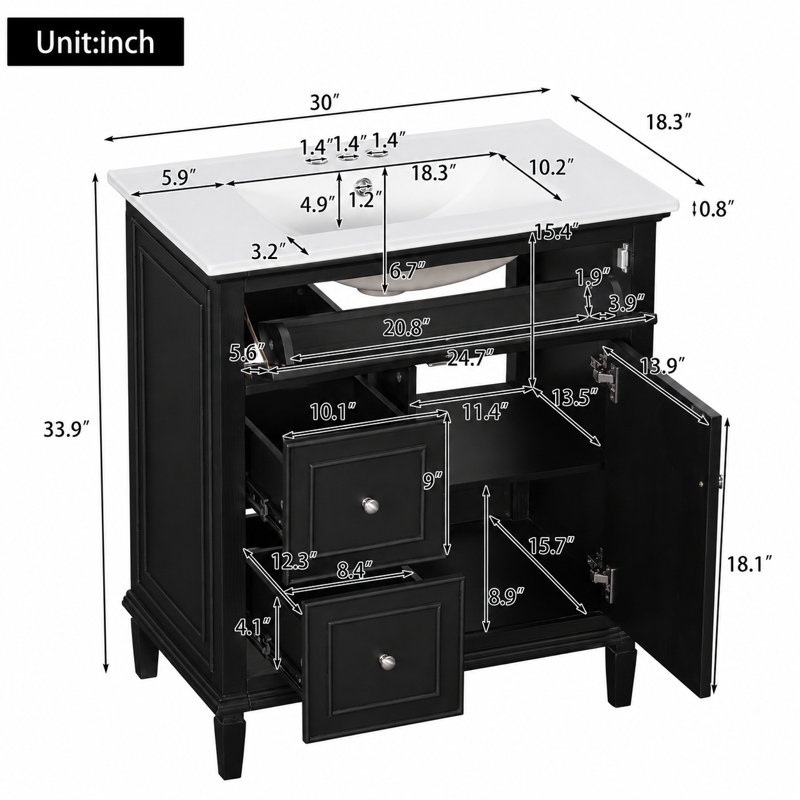 Ensemble de meuble-lavabo simple 30 po avec lavabo en céramique Velmori, tiroir de rangement basculant et tablette réglable