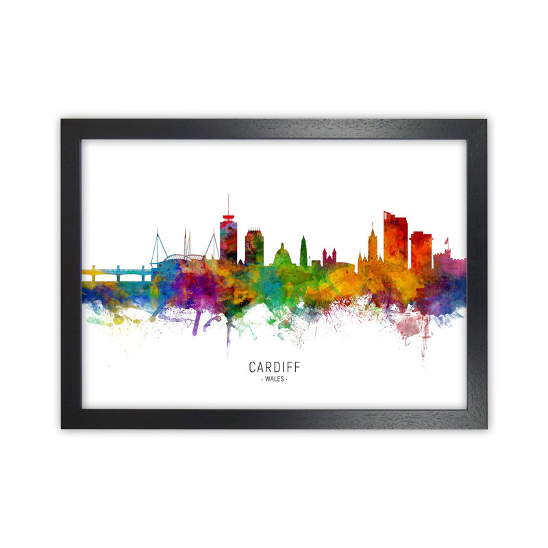 Cardiff Wales Skyline by Michael Tompsett - Print, 25cm H x 34cm W x 3cm D, Black Framed