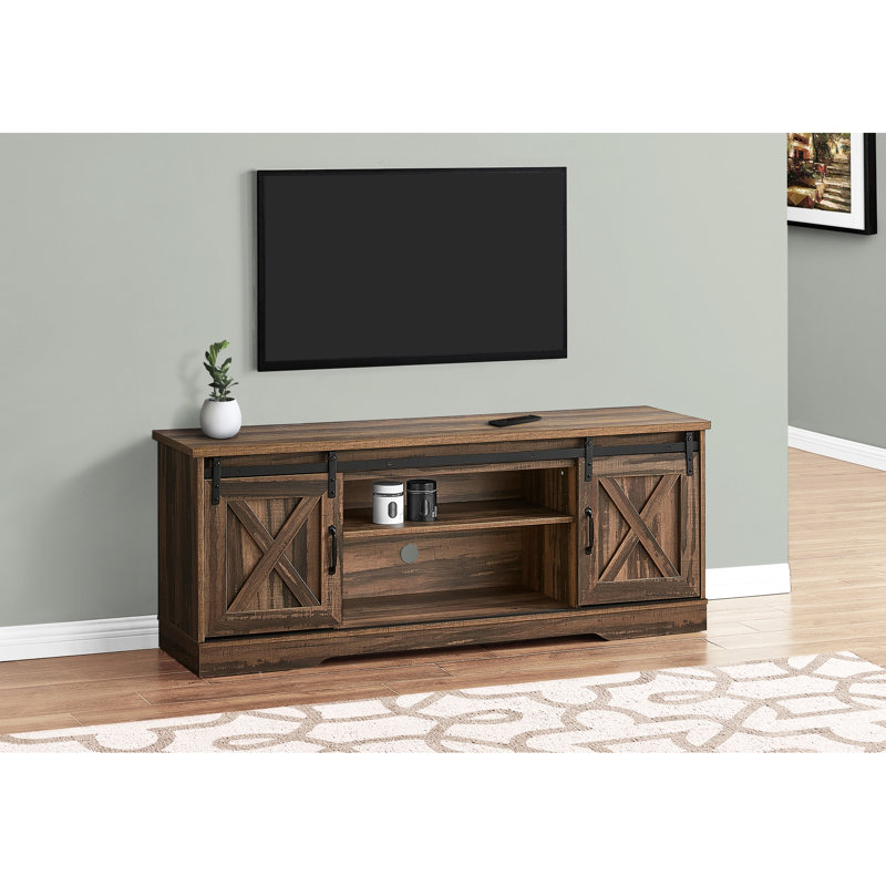 Console de télévision 60 po, brun, avec 2 tablettes larges et rangement réglable pour support de chambre à coucher en stratifié brun, style transitionnel ouvert fermé