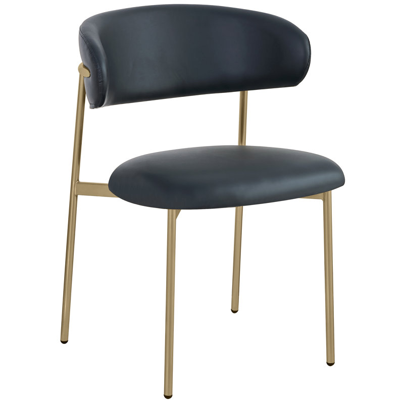 Chaise de salle à manger rembourrée Lupita, Cuir végétalien noir, Or brossé