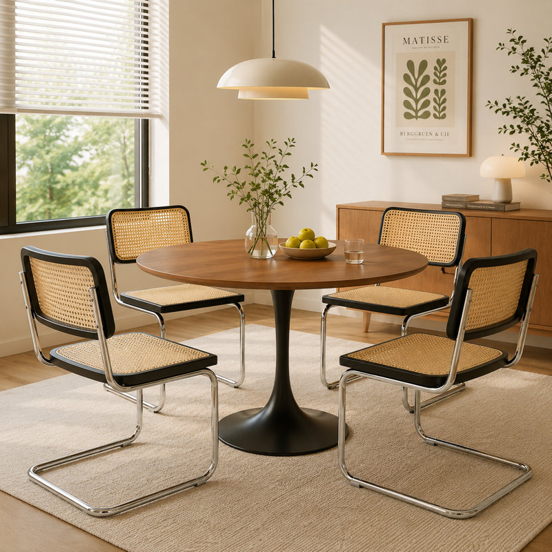 19.3" H Mid-Century Modern Cantilever Dining Chair with Cane Back and Seat, Metal Frame, Black, Black