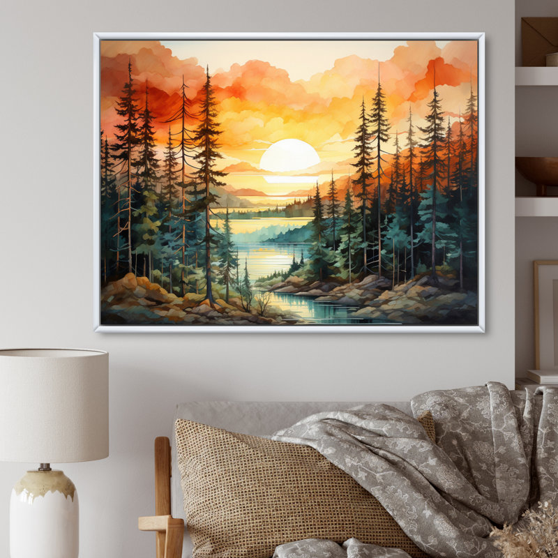 Pin, coucher de soleil brillant II - Pin, art mural, H 34 po x l 44 po, Cadre flottant blanc