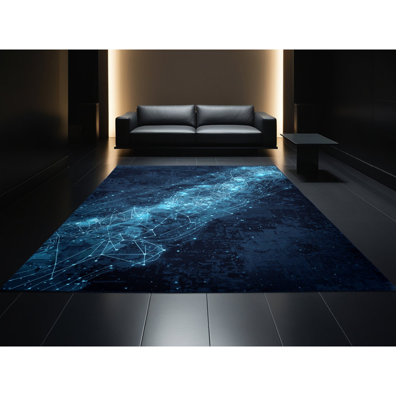 Tapis bleu abstrait délavé à la machine Aidan Nanobot, 4 x 2