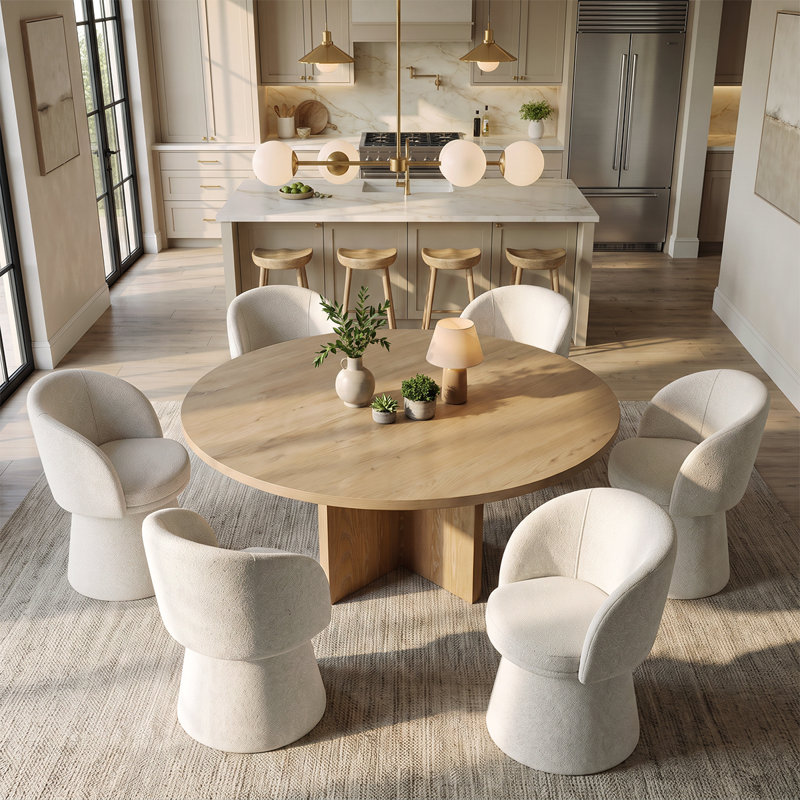 Ensemble de table de salle à manger ronde en placage de bois de 60 pouces avec 6 chaises de salle à manger pivotantes bouclées