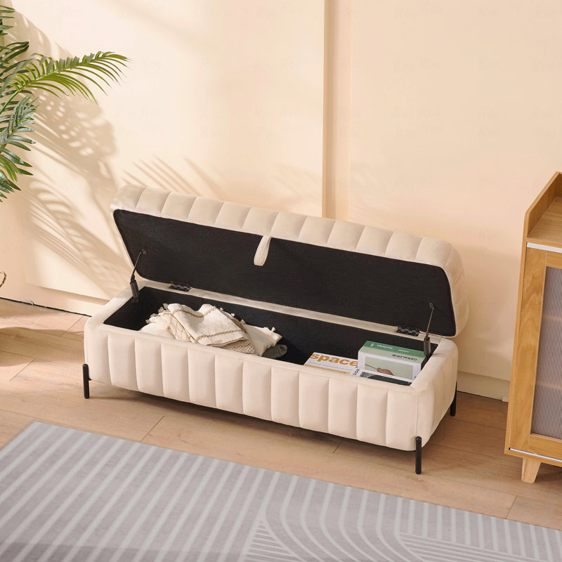 Repose-pieds Basic (type banc), banc de rangement rembourré en velours de 49,21 po de largeur avec repose-pieds en métal et repose-pieds