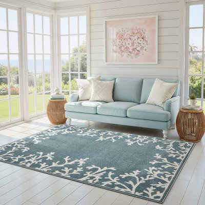 Hennings Botanical Border Blue/ Ivory Area Rug
