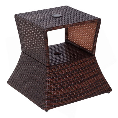 Outdoor Side Table With Umbrella Hole, Rattan Wicker End Table