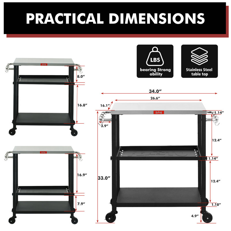 3 Adjustable Shelves Outdoor Pizza Oven Table and Food Prep Cart Table with Wheels