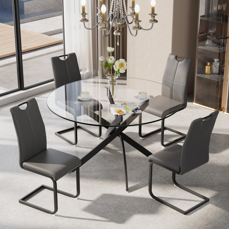 47in Modern Round Glass Pedestal Dining Set, 5, Clear, Gray/Black