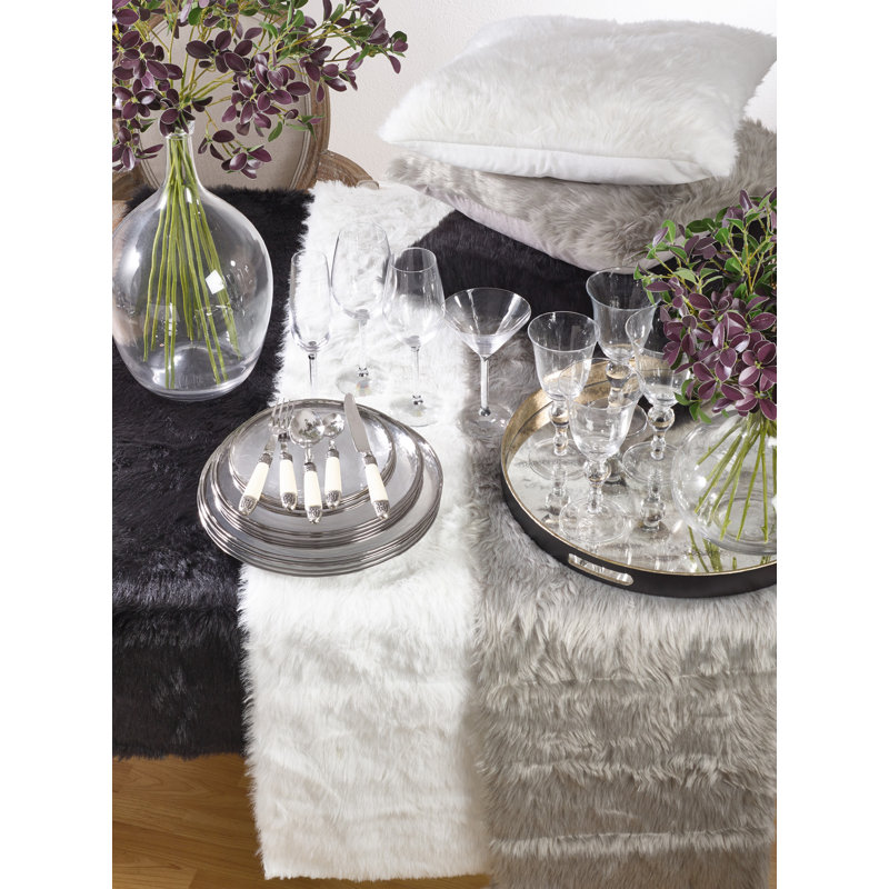 Chynia Faux Fur Polyester Rectangle Table Runner, White, 72" L x 15" W