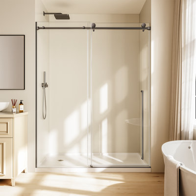 54" W x 76" H Frameless Shower Door, Extra Height Sliding Glass Shower Door for Homes, Hotels, Apartments and Bathroom Upgrades, 1/4" (6mm) SGCC Tempered Clear Glass, Waterproof Strip, Stainless Steel Hardware, Matte Black