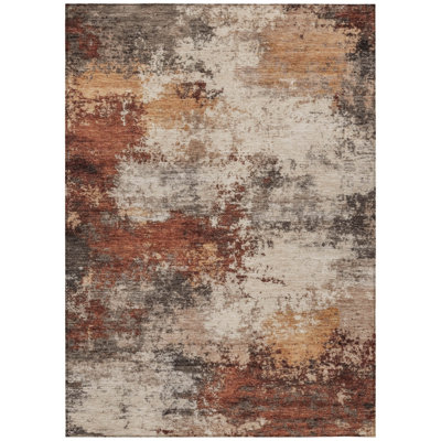 3' X 5' Rust And Beige Abstract Washable Indoor Outdoor Area Rug