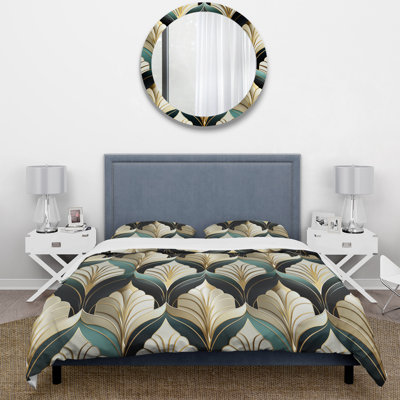Ensemble de housse de couette art déco années 70 en émeraude et or damassé