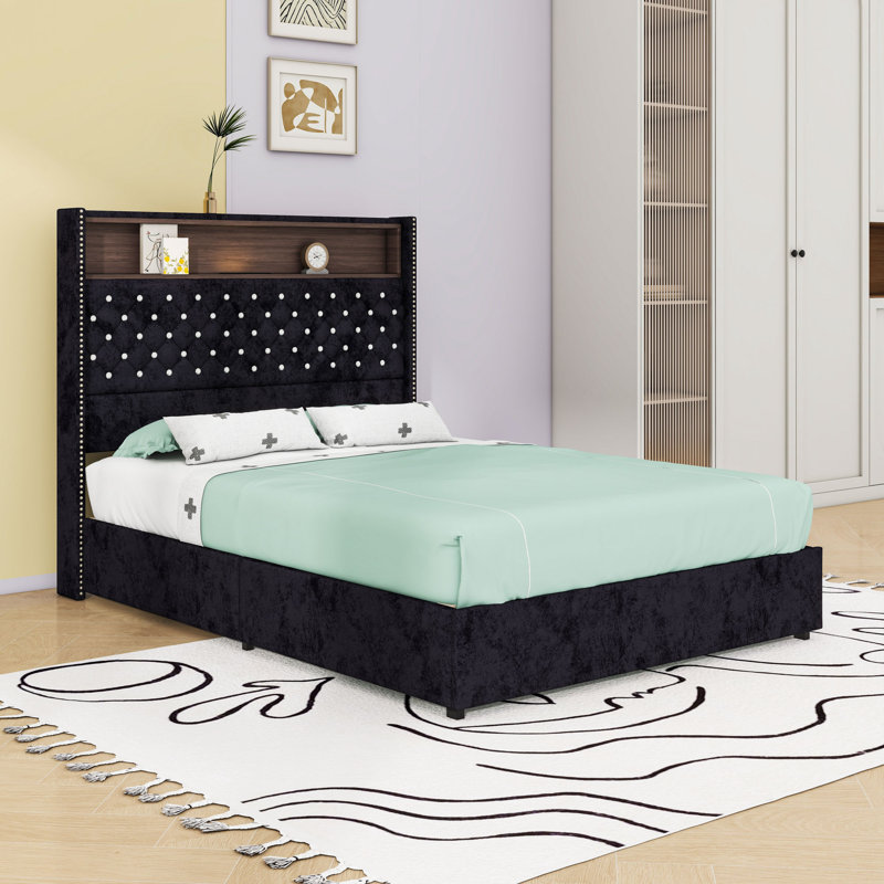 Lit plateforme en bois avec tête de lit capitonnée, ports de charge USB, lumière et tablette, Double, Noir