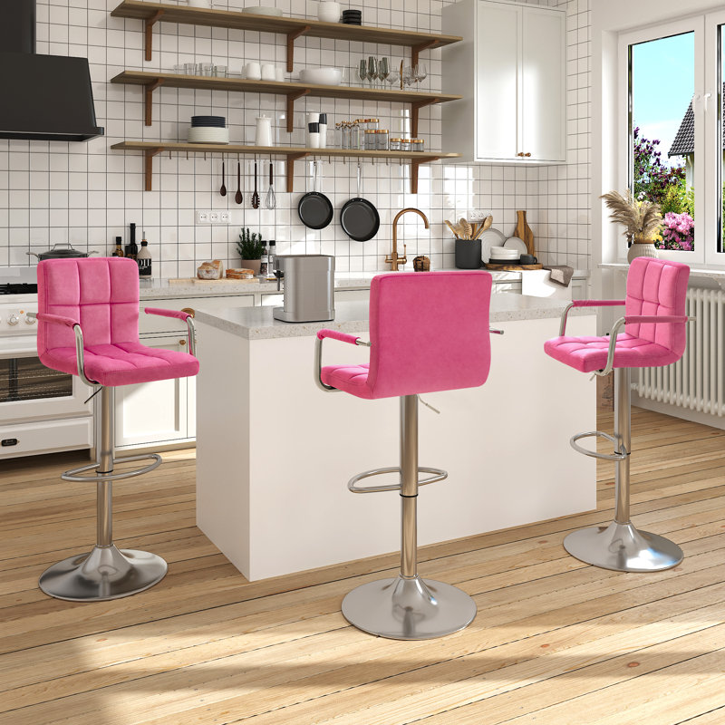 Brychan Swivel Upholstered Adjustable Height Counter Stool with Metal Frame, Pink Velvet