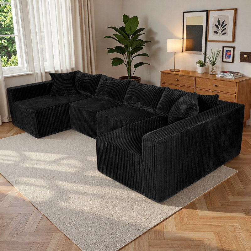 Boneless 128" U-Shaped Modular Sofa, Black Corduroy, No
