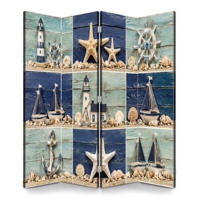 4 Panels Folding Screen Room Divider Royal Nautical Collage Starfish Sailboats Lighthouse Seashells Canvas Screen Room Separator Freestanding Protective Wall Divider Privacy Partition for Bathroom