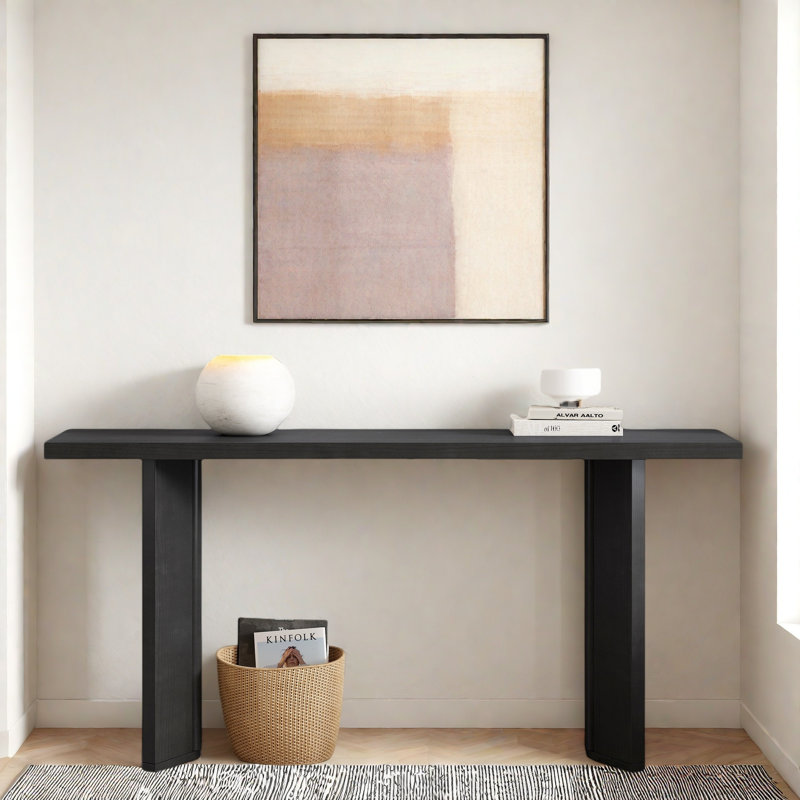 Console moderne avec structure de forme géométrique et grain de bois, Noir
